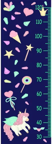 A navy height chart decorated with a pink unicorn, fairy with wand, gold stars, flowers and leaves in pastel shades, numbered from 30 to 120 centimetres.