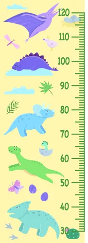 A vertical height chart with illustrated animals in pastel colours arranged by size, from a flying pterodactyl at 120cm down to small insects at 30cm.