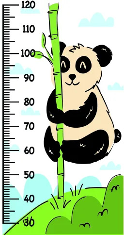 A cartoon panda with a happy expression climbs a vertical green bamboo stalk, with a numbered height measurement scale from 30 to 120 running along the side and small clouds in a pale blue sky.