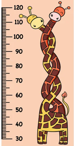A hand-drawn height chart showing three giraffes stacked on top of each other in shades of orange, red and yellow, with a measurement scale from 30 to 120 centimetres on the left side.