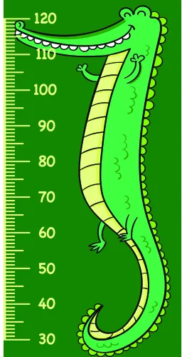 A bright green cartoon crocodile with yellow belly markings and a wide smile stretches vertically along a numbered measurement scale from 30 to 120 centimetres.