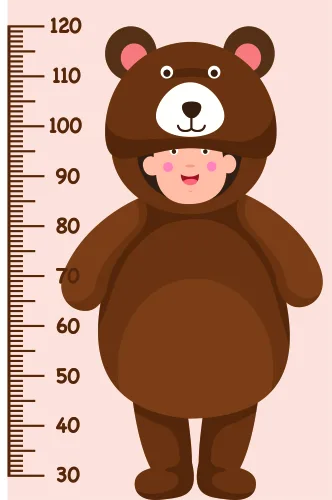 A cartoon brown bear with a big open-mouthed smile stands against a cream background with a numbered height measurement scale running up its side.