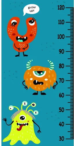 A height chart featuring three smiling cartoon monsters in bright colours, with measurement markers from 30 to 120 centimetres along a teal blue background.