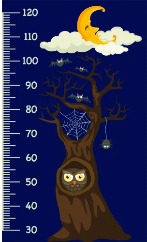 A height chart featuring a brown tree with an owl face as its trunk, surrounded by spiderwebs and hanging spiders against a dark blue night sky with a yellow crescent moon and white clouds.