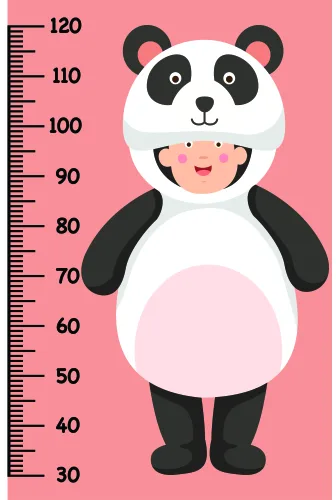 A smiling panda wearing a white onesie stands against a pink background with a measurement scale running up the left side from 30 to 120 centimetres.