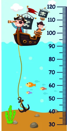 A colourful illustrated height chart showing a pirate ship with cartoon characters sailing above an underwater scene with fish and seaweed, marked with measurements from 30 to 120 centimetres.