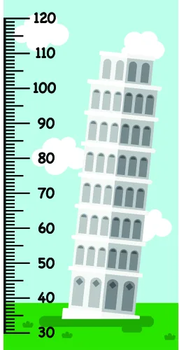 A stylised leaning tower illustration in grey and white against a light teal sky with white clouds, with a height measurement scale numbered 30 to 120 running down the left side against a bright green ground.