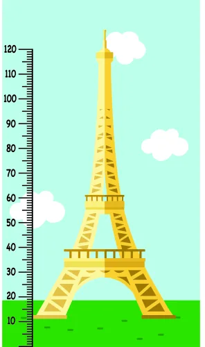 A yellow Eiffel Tower illustrated against a pale green background with white clouds, alongside a black numbered measurement scale from 10 to 120 centimetres.