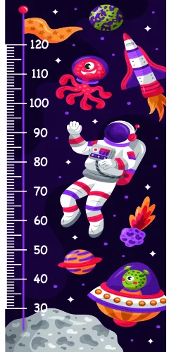 A height measurement chart featuring a cartoon astronaut in a white and red spacesuit floating among colourful planets, rockets, and UFOs against a dark purple starry background.