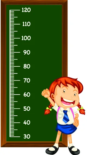 A cartoon illustration of a happy schoolgirl with red pigtails and a blue uniform standing beside a height measurement chart with a green background and brown wooden frame.