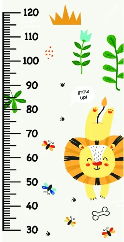 A height measurement chart from 30 to 120 centimetres featuring a central smiling lion character wearing a crown, surrounded by small insects, flowers with green leaves, and the text 'grow up'.