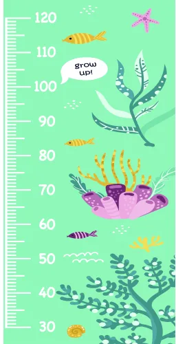 A height chart from 30 to 120 centimetres featuring colourful illustrated fish, starfish, seaweed and coral against a bright green background with a 'grow up' message.