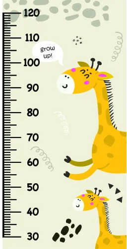 A height measurement chart with two illustrated giraffes in yellow against a cream background, marked with numbered measurements from 30 to 120 centimetres.