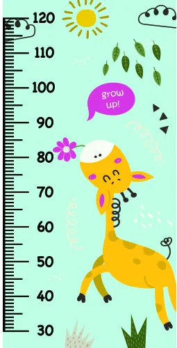 A cheerful illustrated yellow giraffe with a happy face stretches upwards alongside a height measurement scale from 30 to 120 centimetres, surrounded by pink flowers, green leaves, a sun, clouds and small decorative elements.