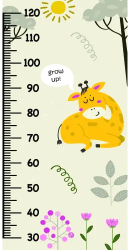 A cartoon giraffe with a happy expression stands next to a numbered height scale from 30 to 120 centimetres, with flowers, plants, clouds and a sun in the background.