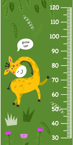 A bright yellow giraffe with a wide grin stands against a green background decorated with leaves and flowers, next to a height measurement scale from 30 to 120 centimetres.