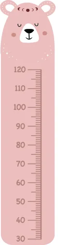 A pink illustrated bear with rounded ears and a simple smiling face stands vertically with a height measurement scale printed down its body, marked from 30 to 120 centimetres.