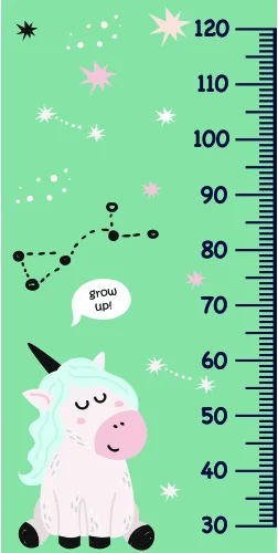 A white unicorn with a pink mane and horn stands on a mint-green background decorated with pink and white stars, with a height measurement scale marked from 30 to 120 centimetres running up the right side.