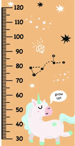 A pastel-coloured unicorn with a horn and flowing mane stands beneath a height measurement scale from 30 to 120 centimetres, surrounded by stars, constellation lines, and the words 'grow up' in a speech bubble.