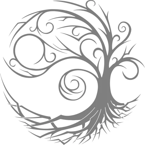 A symmetrical tree design with spiral-shaped branches above and detailed root system below, rendered in solid grey line art.