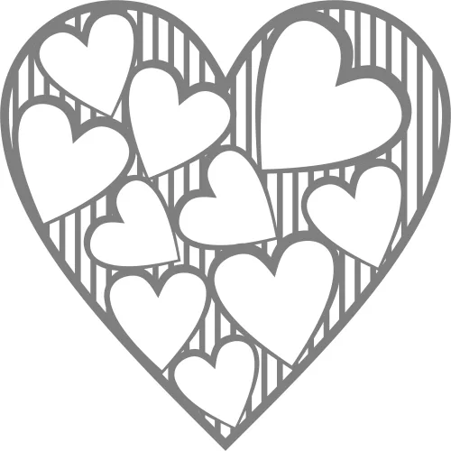 A line art illustration showing multiple white hearts of varying sizes nested inside the outline of one large heart, with vertical hatching filling the background.
