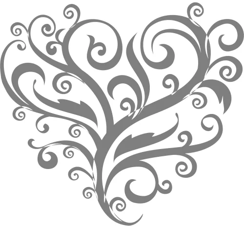 A grey line art illustration of a tree with a central trunk splitting into symmetrical branches that curve outward and upward to form the shape of a heart, with decorative spiral flourishes throughout.