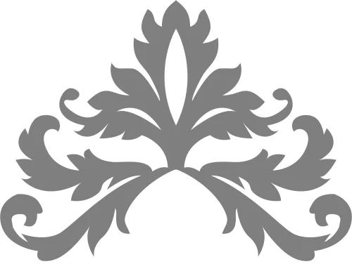 A symmetrical grey silhouette of ornamental leaves arranged in a baroque-style flourish pattern around a central stem.