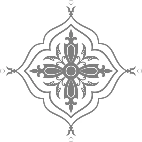 A grey symmetrical mandala with four pointed lobes, a central flower motif, and decorative compass points at cardinal directions.