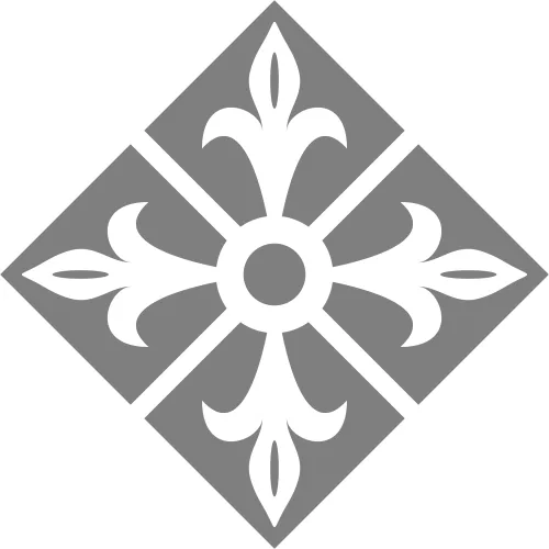A diamond-shaped sandblast vinyl decal featuring eight white fleur-de-lis leaves arranged around a central circle on a grey background.