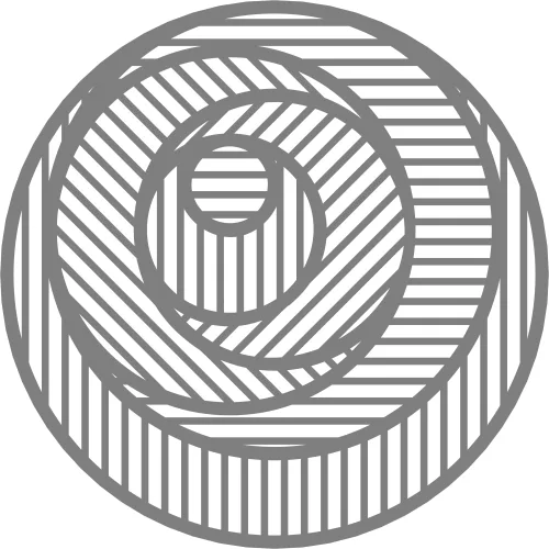 A grey geometric design composed of four concentric circles, each filled with horizontal and diagonal linear patterns that create a spiral-like optical effect.
