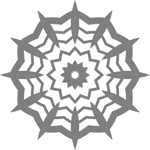 A symmetrical mandala pattern composed of nested spider webs with pointed outer edges, rendered in grey on a white background.