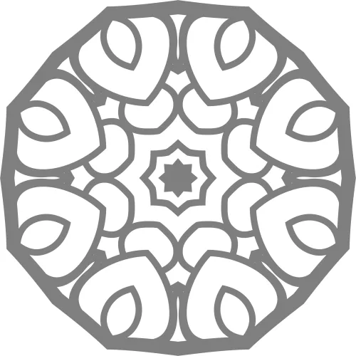 A symmetrical grey mandala with eight leaf-shaped sections arranged around a central star, contained within an octagonal border.