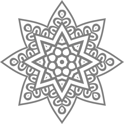 A symmetrical eight-pointed star mandala with repeating geometric patterns and circles throughout, rendered in grey outline.