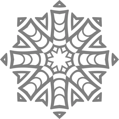 A symmetrical eight-pointed mandala snowflake with geometric patterns radiating from a central star, rendered in grey line art.