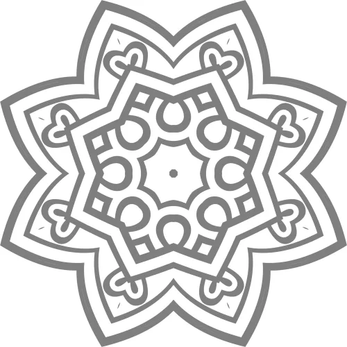 A grey line-drawn mandala with eight radiating star points and nested geometric patterns throughout, designed for window application.