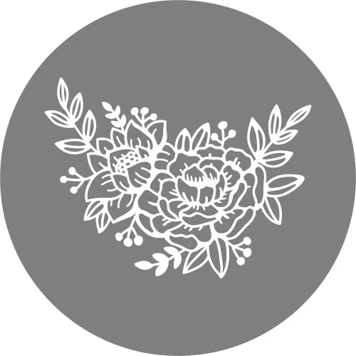 Line art illustration of a full peony flower with surrounding leafy sprigs in white on a grey circular background.