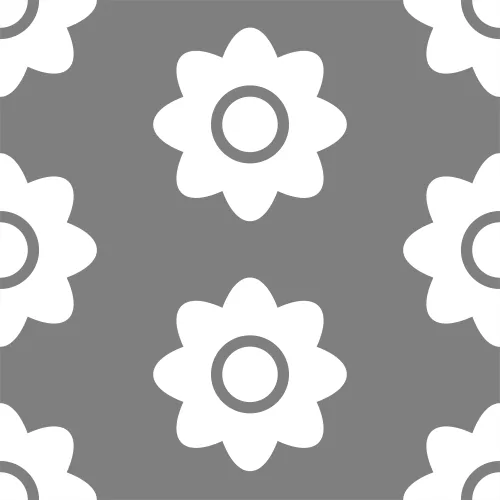A repeating pattern of white stylised flowers with circular centres arranged across a grey background.