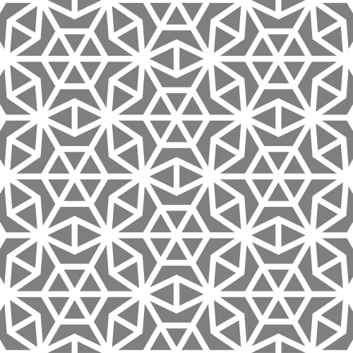 A repeating geometric pattern of interlocking white stars and triangles on a grey background, suitable for sandblast window treatment.