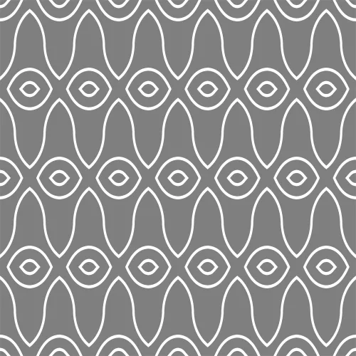 A repeating pattern of white geometric shapes featuring stylised eyes and elongated leaf forms arranged symmetrically on a grey background.