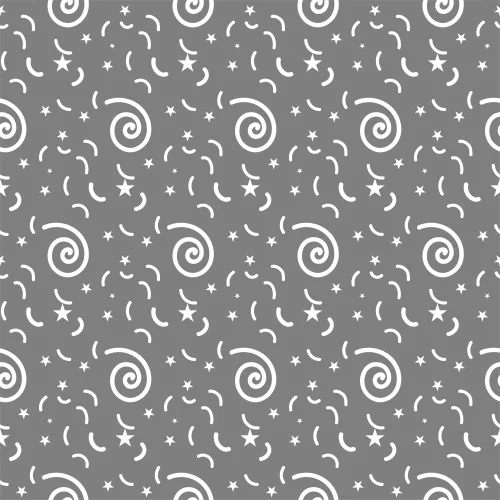 White line-drawn moons, stars and spiral shapes scattered and repeating across a grey background.