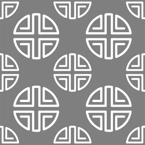 A repeating pattern of white circles divided into four nested angular segments on a grey background.