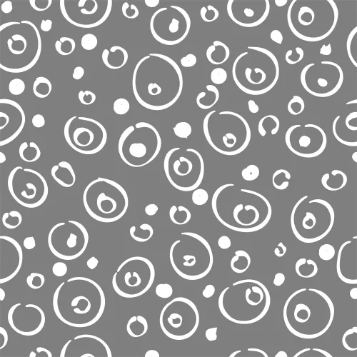 White circles of varying sizes with smaller dots scattered across a grey background in a repeating pattern