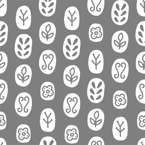 A repeating pattern of white-outlined botanical shapes, leaves and seed pods in ovals, arranged on a grey background.
