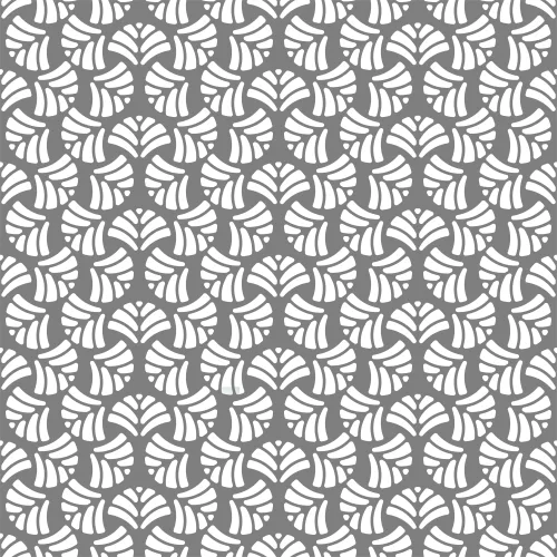 A repeating geometric pattern of white interlocking fan shapes arranged on a grey background.