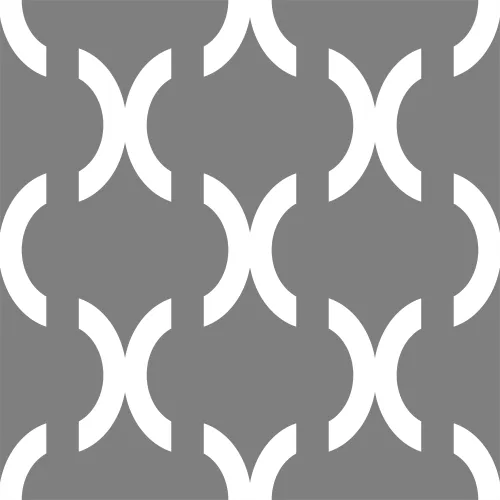 A repeating geometric pattern of interlocking white curved shapes on a grey background, creating a symmetrical quatrefoil design.
