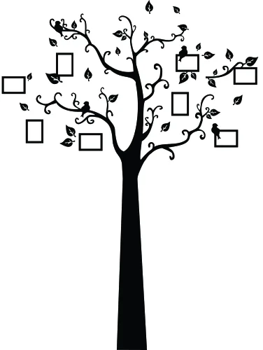 Black silhouette of a tree with curved branches bearing empty rectangular frames and scattered leaves against a white background.