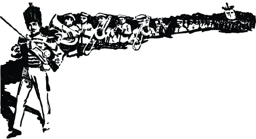 A black silhouette of a soldier aiming a rifle, with the barrel morphing into a marching band complete with musicians, horses, and parade participants.