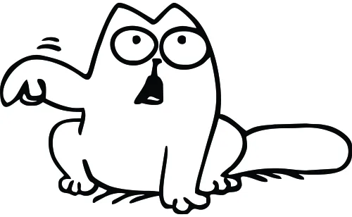 A simple black line drawing of a round cat with extremely wide eyes and an open mouth, looking thoroughly startled or shocked.