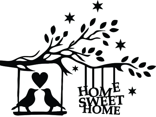 Black silhouette artwork showing two birds sitting together in a heart-shaped swing hanging from a branch, with leaves and stars scattered around, and the text HOME SWEET HOME integrated into the design.