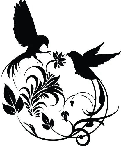 Black silhouette of two hummingbirds hovering around ornate flowering vines and scrolling stems on a white background.